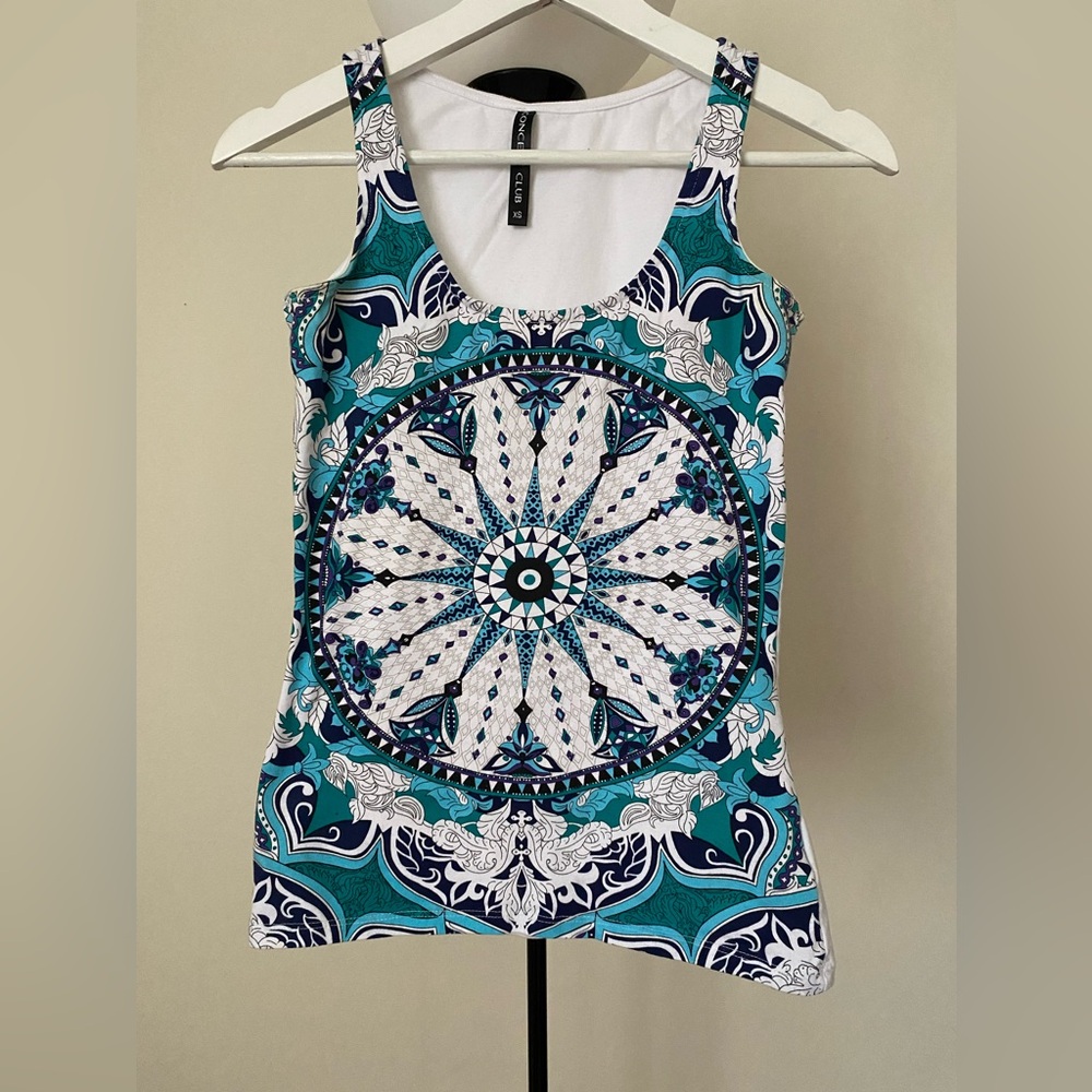 Teal & White Printed Scoop Neck Tank Top XS